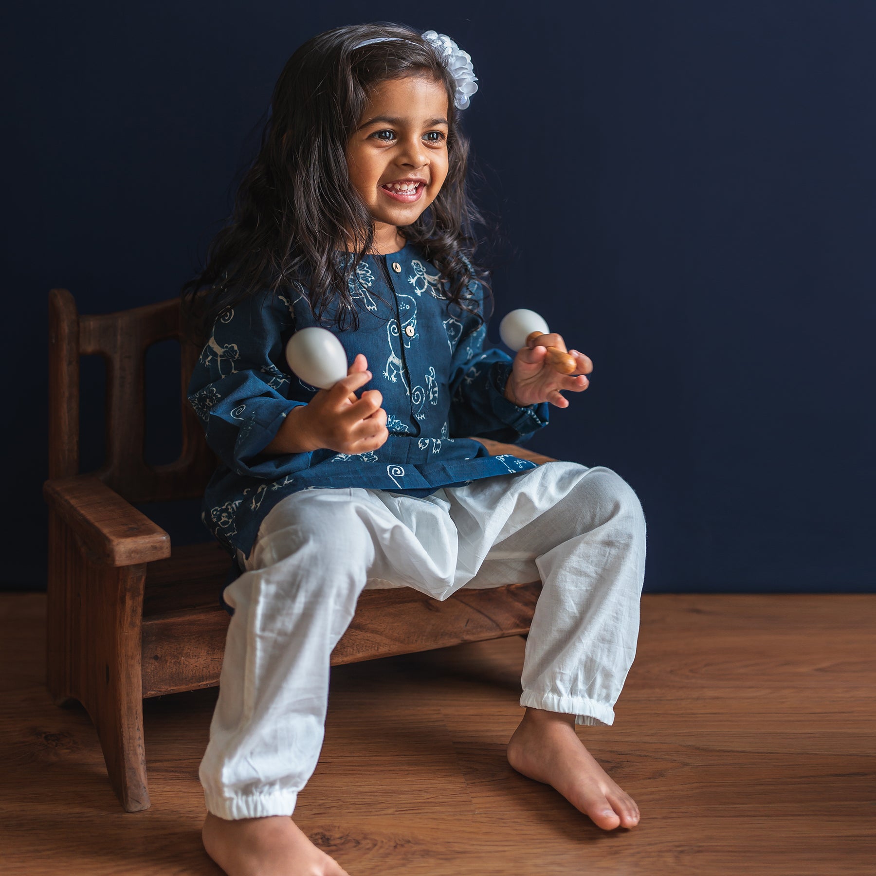 Unisex Organic Zoo Print Indigo Kurta + White Pants