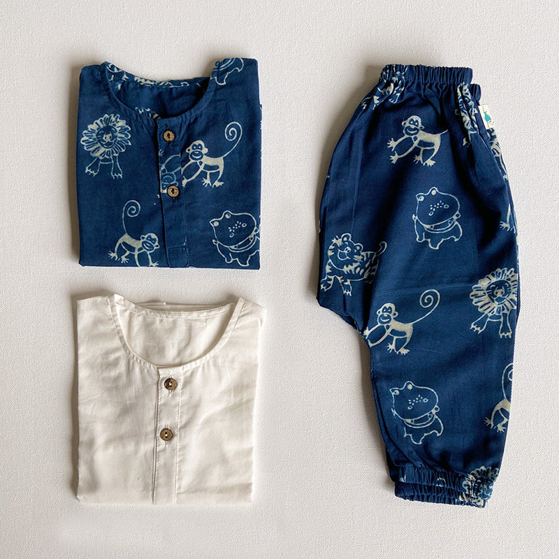 Unisex Organic Indigo Zoo Bag - Zoo And White Kurta + Zoo Pants