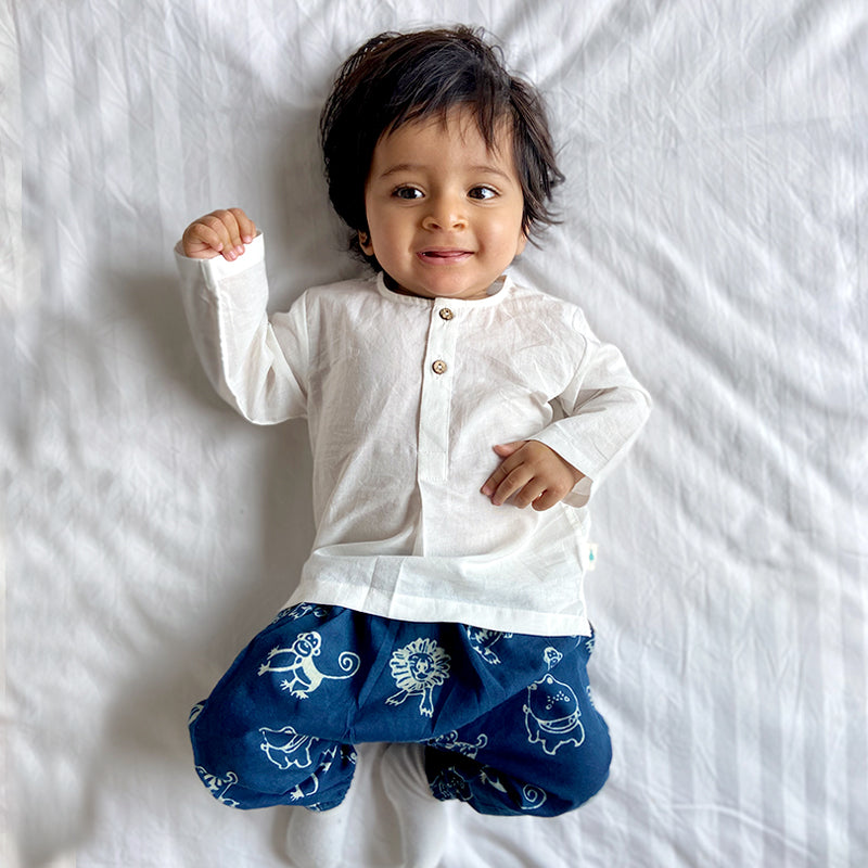 Unisex Organic Indigo Zoo Bag - Zoo And White Kurta + Zoo Pants