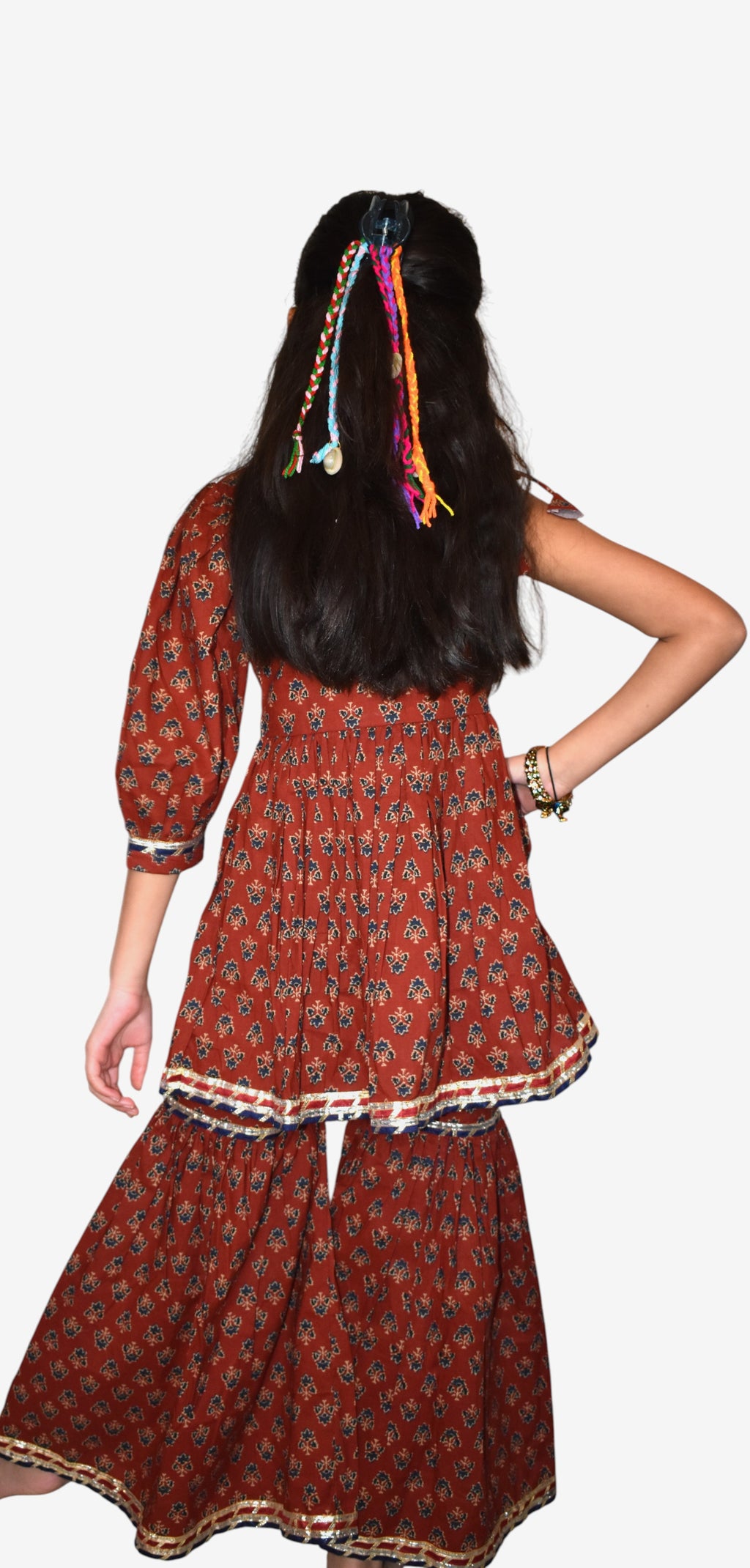 Maroon booti off shoulder printed peplum coord set for girls