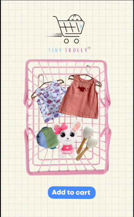 Cart with children's clothing and toys on a checkered background, featuring the brand 'Tiny Trolley'.