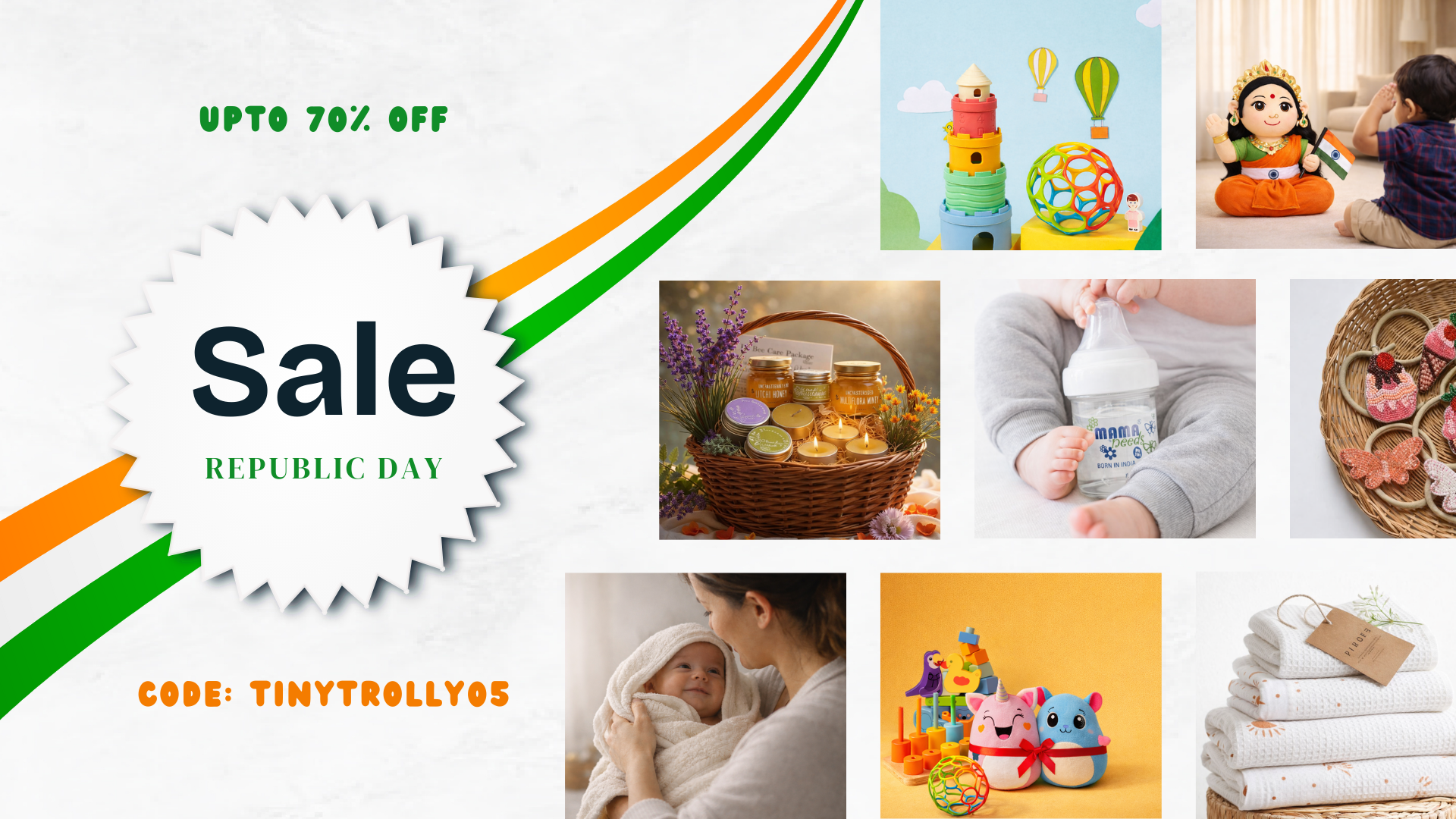Collage of products with Republic Day sale text and promotional code.
